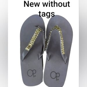 NEW Women’s OP Thick Sandals Gray Thong Style with Rhinestones Size 7-8